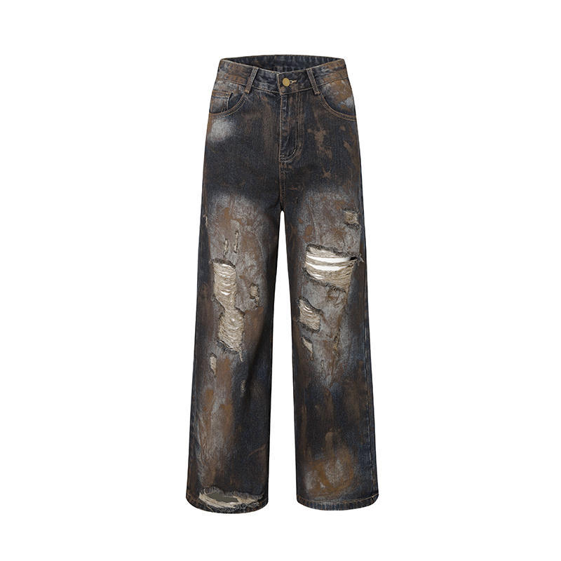 Retro Tattered Jeans Destroyed Wide Leg Jeans Men's Loose Trousers