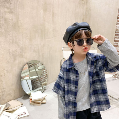 Boys plaid shirt stitching t-shirt