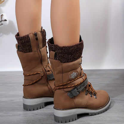 Women's Knitted Splicing Mid Calf Boots, Lace Up & Side Zipper Chunky Heeled Boots, Fashion Outdoor Boots