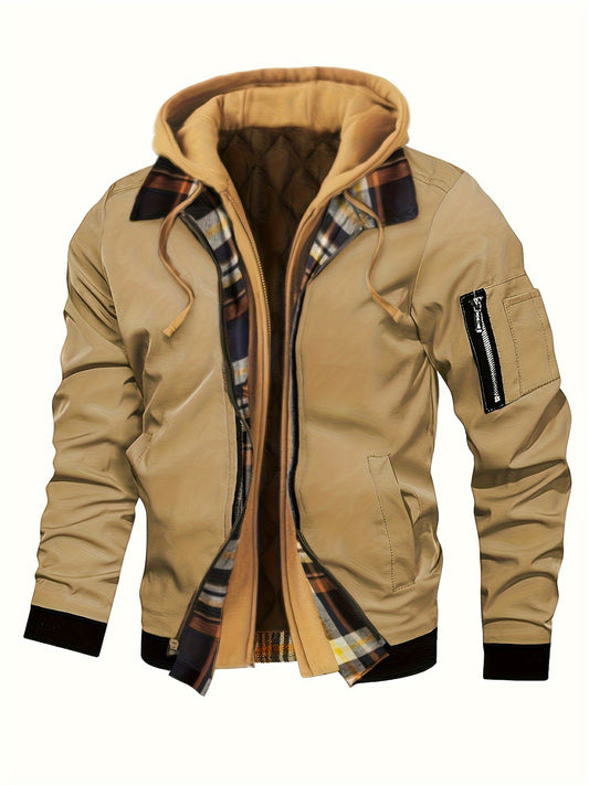 Men's Color Block Jacket With Pockets, Active Zip Up Long Sleeve Slim-fit Hooded Jacket For Spring Fall Outdoor