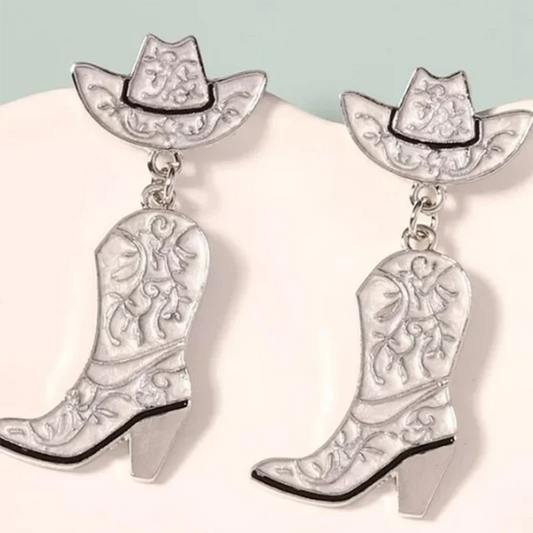 Grey Silvertone Cowgirl Hat & Boot Drop Earrings Wester Charm Earrings for Women Nashville Cowboy Studs Earrings 2024