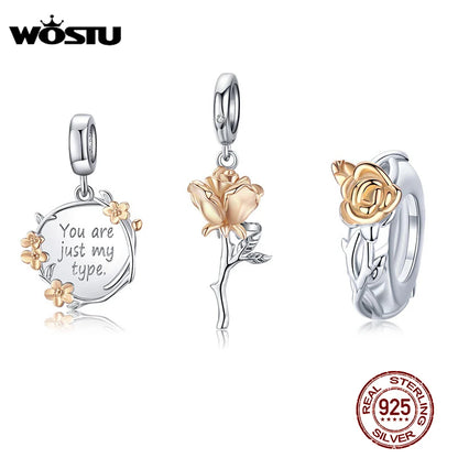 WOSTU Real 925 Sterling Silver Rose Flower Charms Fit Original Bracelet DIY Necklace Pendant Valentine's Day Jewelry Lover Gift