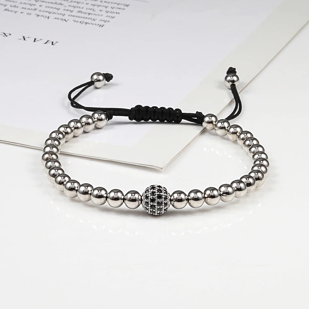 Charms Handmade 5mm Beaded CZ Ball Bracelets Hematite Gun Black Copper Beads Adjustable Men Weave Bracelet Bangles Women Jewelry