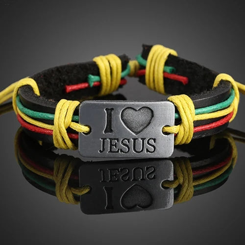 Unisex I LOVE JESUS Faux Leather Bangle Hemp Rope Chain Adjustable Bracelet