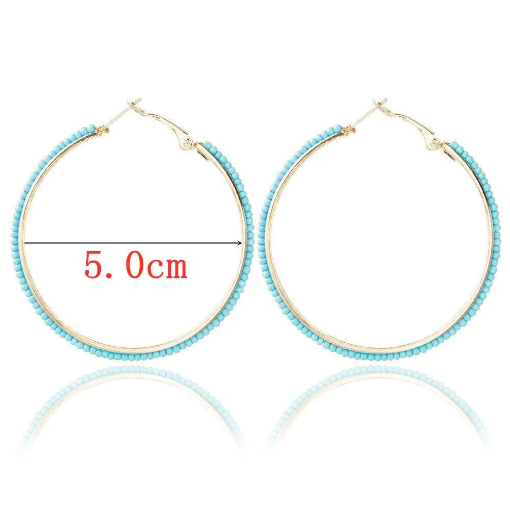 50mm Bohemian Ethnic Style Hoop Earrings Female Popular Boho Blue Color Round Bead Loop Earrings Jewelry Wholesale Brincos Gift