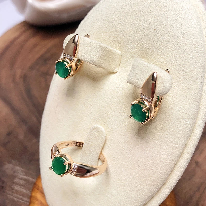 Kinel New Emerald Round Cut Natural Zircon Earrings Ring Sets for Women 585 Rose Gold Clip Earring Party Fashion Jewelry Sets