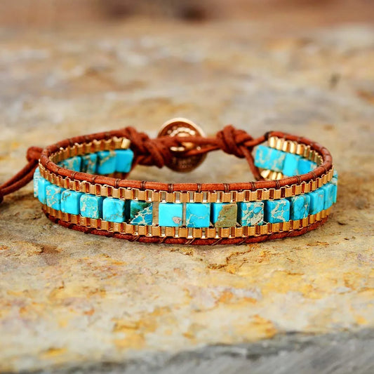 New Gold Plated Chain Turquise Stones Women Woven Wrap Bracelets Bohemian Statement Jewelry Homme Dropship