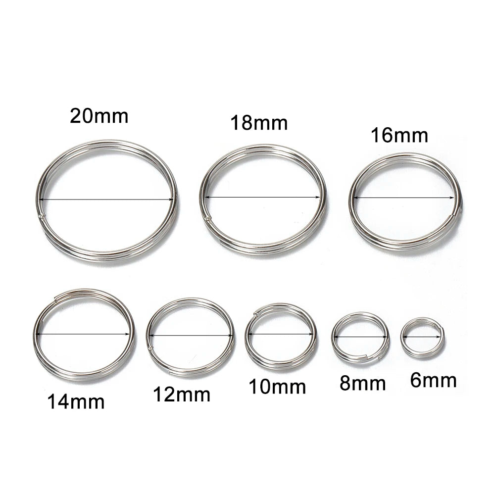 100 Pcs 6-20mm Polished Silver Color Keyring Stainless Steel Hole Key Ring Key Chain Round Line Keychain Connectors Findings