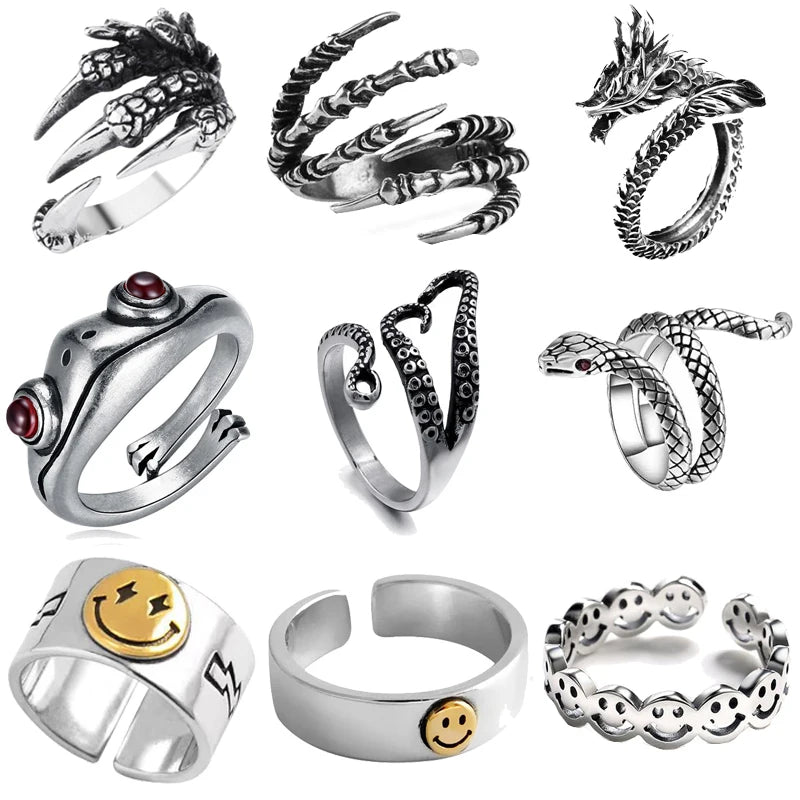 Vintage Ring Men Women Snake Frog Smiling Face Rings For Woman Open Adjustable Punk Gothic Claw Dragon Octopus Man Ring Unisex