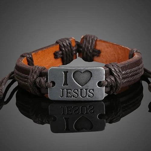 Unisex I LOVE JESUS Faux Leather Bangle Hemp Rope Chain Adjustable Bracelet