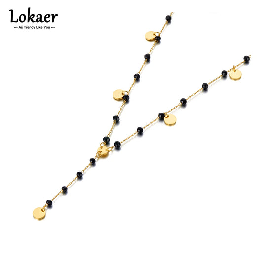 Lokaer Bohemia Style Stainless Steel Choker Necklace Bracelet Earrings Sets For Women Girls Black Crystal Chain Jewelry N21026