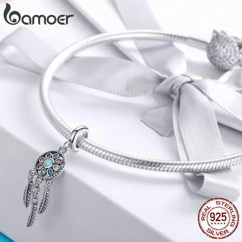 BAMOER Authentic 925 Sterling Silver Bohemian Dream Catcher Pendant Dragonfly Charm fit Bracelet & Necklace DIY Jewelry Making