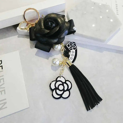 Korean Trendy Leather Bag Camellia Keychain Long Tassel Car Hanger Flower Key Chain cc Element Jewelry Hanger