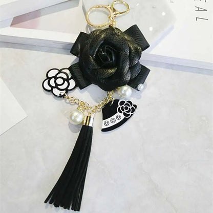 Korean Trendy Leather Bag Camellia Keychain Long Tassel Car Hanger Flower Key Chain cc Element Jewelry Hanger