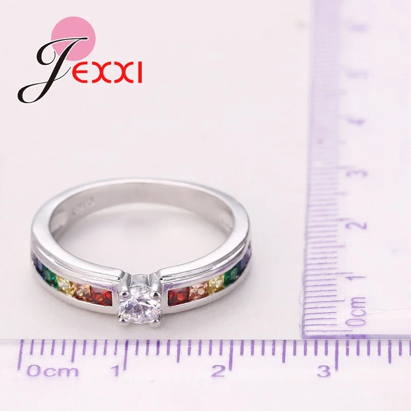 Vintage 925 Sterling Silver Rainbow Crystal Rings For Women Girls Wedding Engagement Fashion Jewelry Wholesale