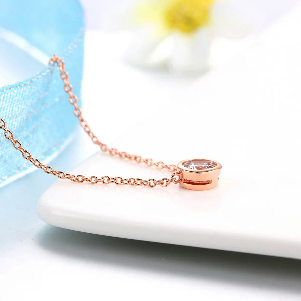 Simply Small Round 1 Carat Cubic Zirconia Pendant Necklace for Women Rose Gold Color Colorful Crystal Chain on Neck Jewelry N388