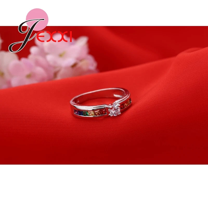 Vintage 925 Sterling Silver Rainbow Crystal Rings For Women Girls Wedding Engagement Fashion Jewelry Wholesale