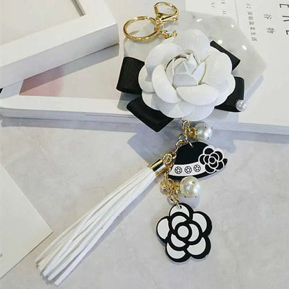 Korean Trendy Leather Bag Camellia Keychain Long Tassel Car Hanger Flower Key Chain cc Element Jewelry Hanger