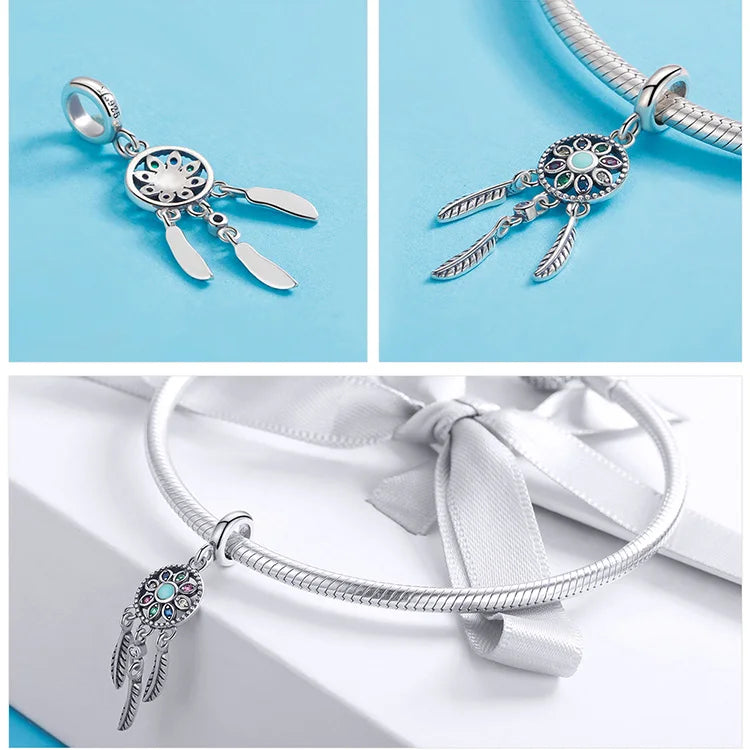 BAMOER Authentic 925 Sterling Silver Bohemian Dream Catcher Pendant Dragonfly Charm fit Bracelet & Necklace DIY Jewelry Making