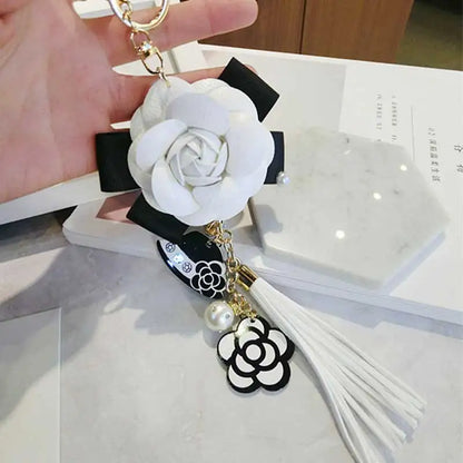 Korean Trendy Leather Bag Camellia Keychain Long Tassel Car Hanger Flower Key Chain cc Element Jewelry Hanger