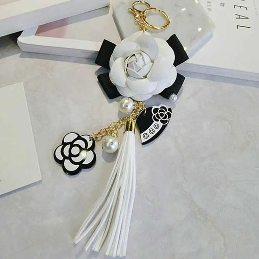 Korean Trendy Leather Bag Camellia Keychain Long Tassel Car Hanger Flower Key Chain cc Element Jewelry Hanger