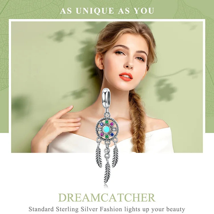 BAMOER Authentic 925 Sterling Silver Bohemian Dream Catcher Pendant Dragonfly Charm fit Bracelet & Necklace DIY Jewelry Making