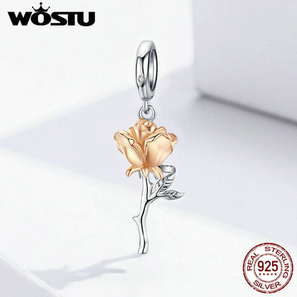 WOSTU Real 925 Sterling Silver Rose Flower Charms Fit Original Bracelet DIY Necklace Pendant Valentine's Day Jewelry Lover Gift