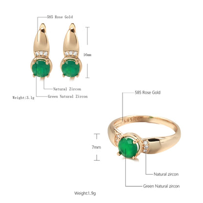 Kinel New Emerald Round Cut Natural Zircon Earrings Ring Sets for Women 585 Rose Gold Clip Earring Party Fashion Jewelry Sets