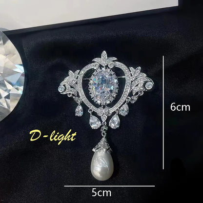 Elegant Flashing Exquisite Crown Zircon Pearl Pendant Brooch Ladies Dress Lapel Pin Banquet Accessories Top Quality Nice Gifts