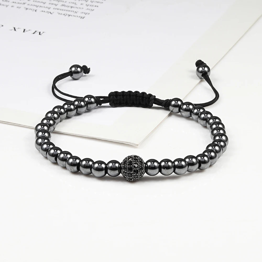 Charms Handmade 5mm Beaded CZ Ball Bracelets Hematite Gun Black Copper Beads Adjustable Men Weave Bracelet Bangles Women Jewelry