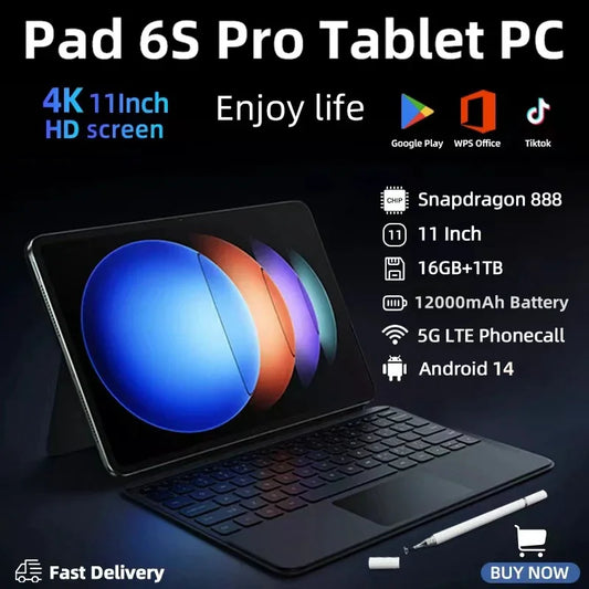 Global Version Original NEW HD 4K Pad 6S Pro Tablet PC 11inch  Android 14 16GB+1T 12000mAh 5G Dual SIM Bluetooth WiFi GPS Tab