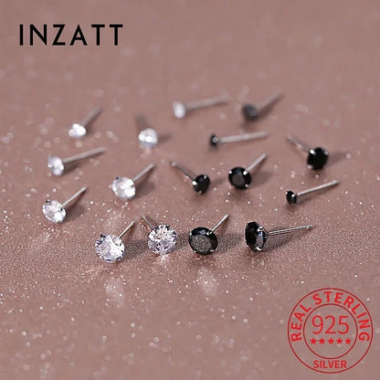 INZATT Real 925 Sterling Silver Round Zircon Stud Earrings For Women Classic Fine Jewelry Minimalist Ear Piercing Accessories