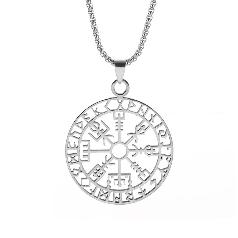 Hollow Compass Rune Pendant Stainless Steel Necklace for Men and Women Fashionable Nordic Amulet Jewelry New Year Gift