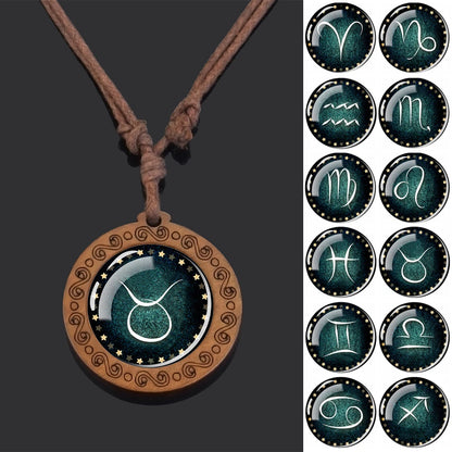 12 Zodiac Signs Constellation Necklaces Glass Dome Vintage Wood Pendant Rope Chains Necklace for Women Men Jewelry Birthday Gift