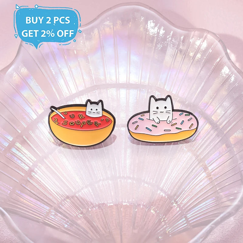 Cute Cat Enamel Pins Coffee Chip Donuts Metal Brooches Fashion Lapel Badge Backpack Clothes Animal Jewelry Gift for friends