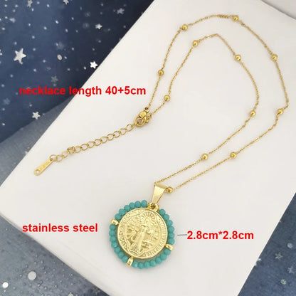 QMHJE Virgin Mary Stainless Steel Pendant Necklace Women Choker Beads Chain Round Charm Gold Silver Color Jewelry White Black