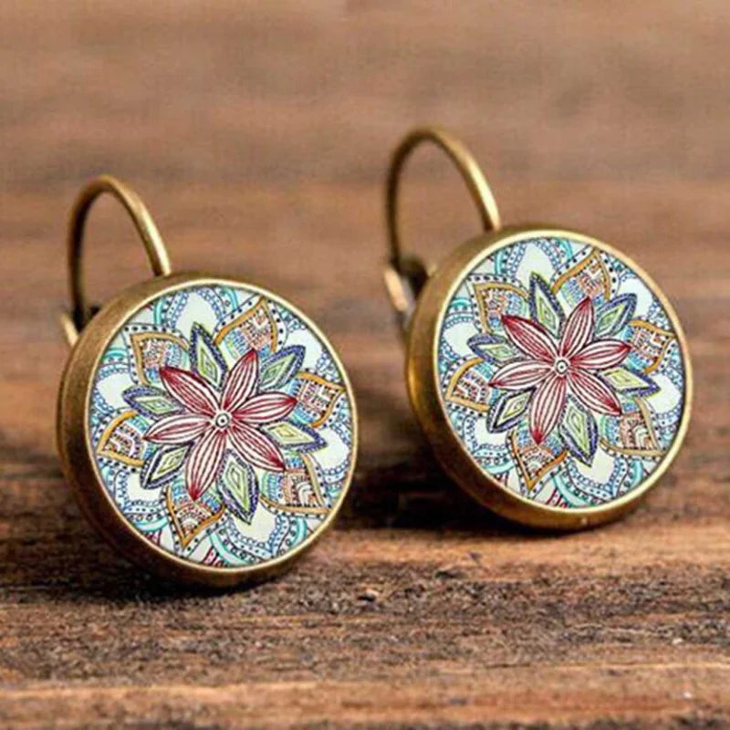 Hot Selling Pop Jewelry Dome Glass Alloy Earrings Datura Style Pattern Retro Fashion Gift