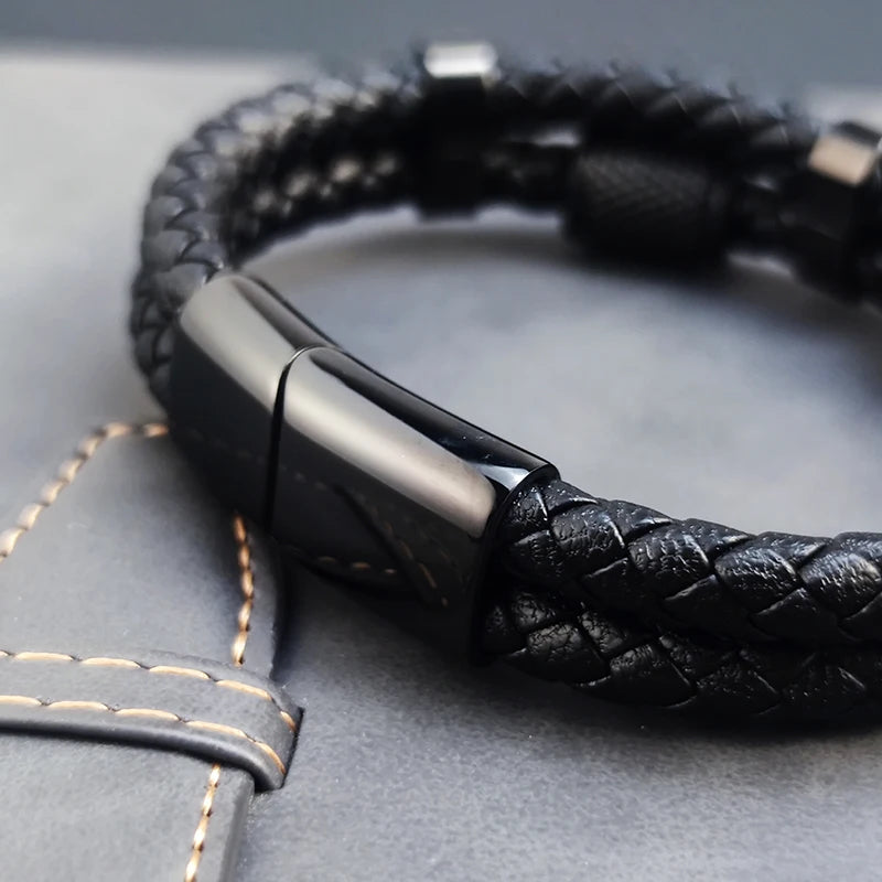 Luxury Pineapple Grain Bead Charm Bracelets for Men, Vintage Punk Male Wristband, Black Braided Real Genuine Leather Bangle