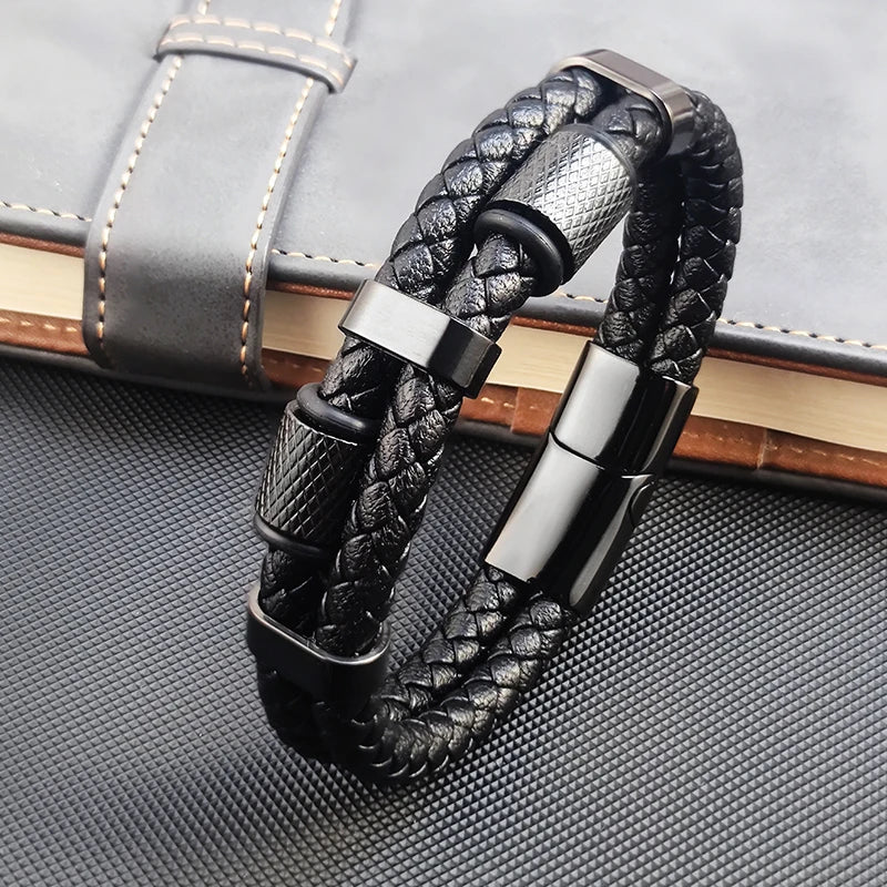 Luxury Pineapple Grain Bead Charm Bracelets for Men, Vintage Punk Male Wristband, Black Braided Real Genuine Leather Bangle