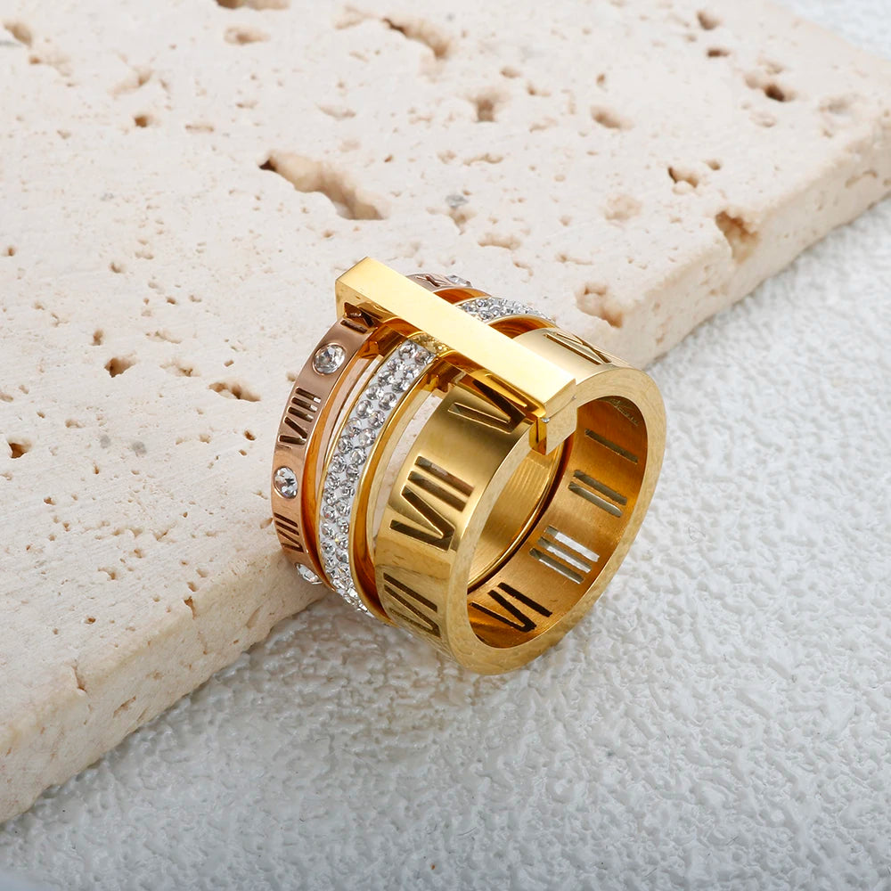 Three Layers Roman Numerals Ring for Women Luxury Stainless Steel Rotatable Crystal Finger Rings Female Wedding Trendy Jewelry