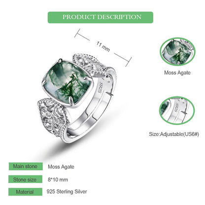 WES 925 Sterling Silver Natural Gemstone 8*10mm Moss Agate Open Rings for Woman Valentine Gifts Certified Fine Jewelry Wholesale