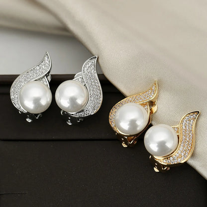 Korean Geometric Zircon Clip on Earrings for Women Exquisite Elegant Pearl Earrings Without Pierced Wedding Party Jewelry