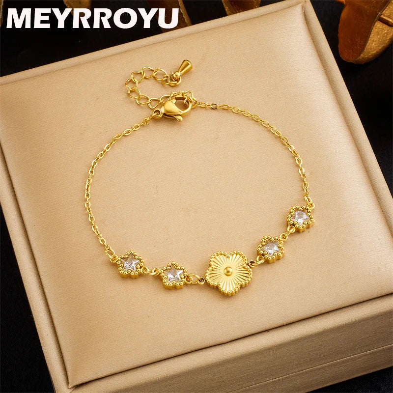 MEYRROYU 316L Stainless Steel Trend Gold Color Five Leaf Flower Charm Bracelet For Women Green Star Zircon Clover Bangle Jewelry