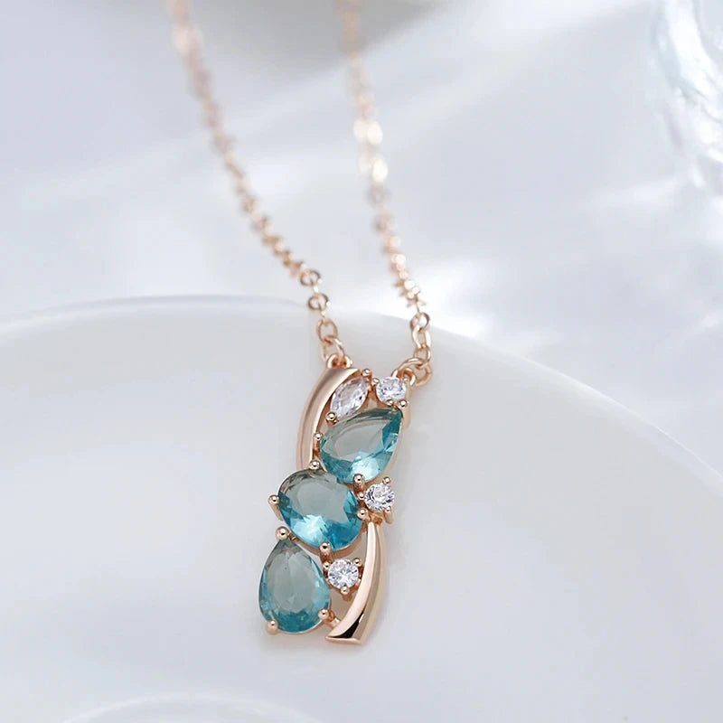 Kinel Hot 585 Rose Gold Color Pendant Necklace for Women Delicate Cut Dazzling Blue Natural Zircon Pendant Daily Fine Jewelry