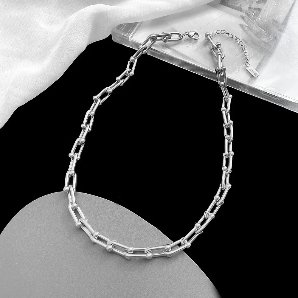 316L Stainless Steel Fashion Stitching U-shape Stitching Thick Chain Necklace Bracelet Earring Set Wedding Jewelry Set