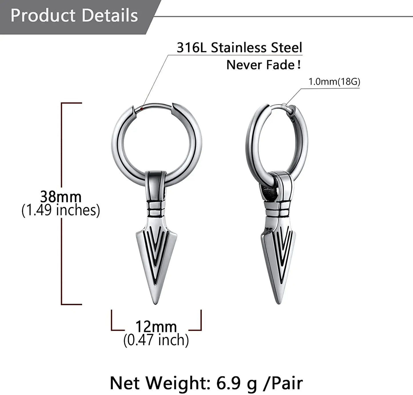 U7 Men's Stainless Steel Punk Style Arrowhead Dangle Drop Earrings Trendy Unisex Arrow Charm Hip Hop Jewelry