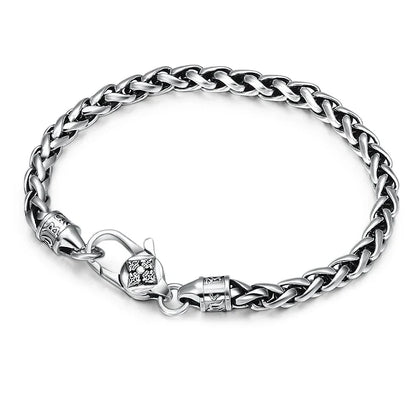 QN Silver 4mm/5mm Hemp Rope Men's Personality Peace Pattern Bracelet Retro Hipster Buckle Chain Trend Fine Chain Series Jewelry