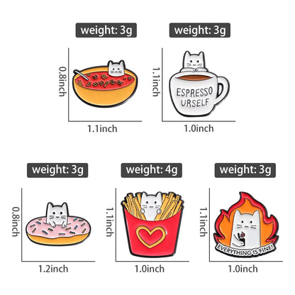 Cute Cat Enamel Pins Coffee Chip Donuts Metal Brooches Fashion Lapel Badge Backpack Clothes Animal Jewelry Gift for friends