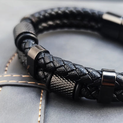 Luxury Pineapple Grain Bead Charm Bracelets for Men, Vintage Punk Male Wristband, Black Braided Real Genuine Leather Bangle