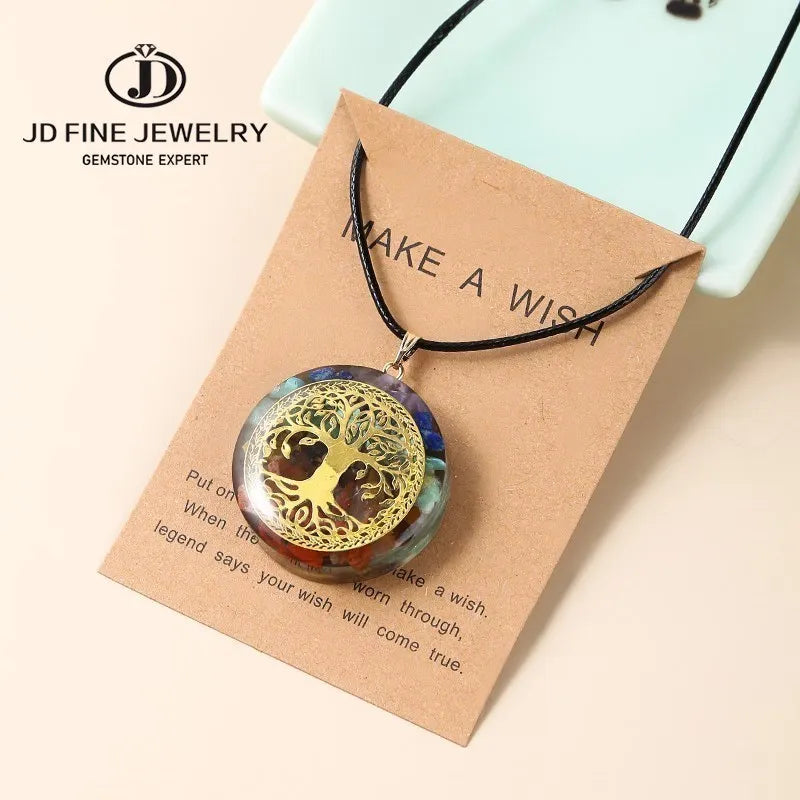 JD Natural Orgone 7 Chakra Tree Of Life Round Pendant Necklace Women Mixed Crystal Chip Stone Adjustable Healing Energy Jewelry